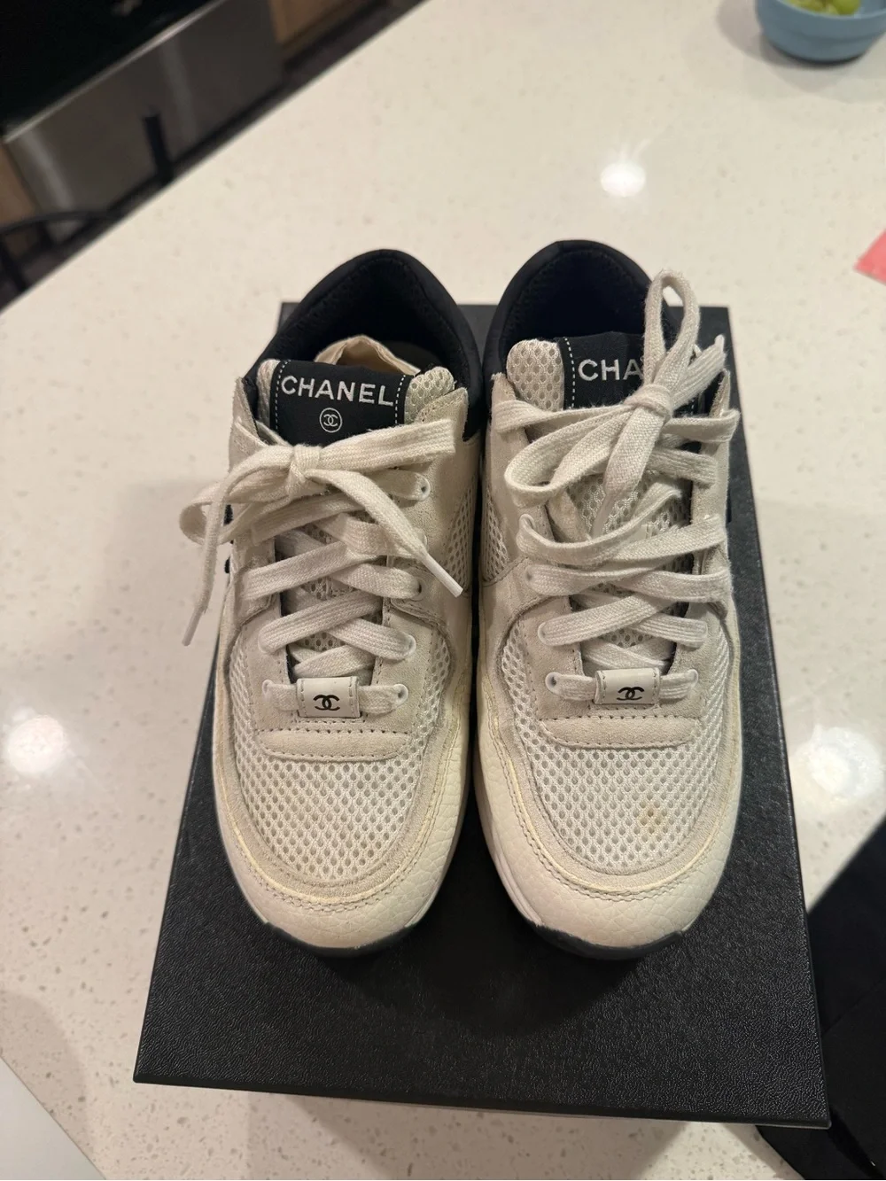 CHANEL Cream and Black Interlocking CC Leather & Mesh Sneakers